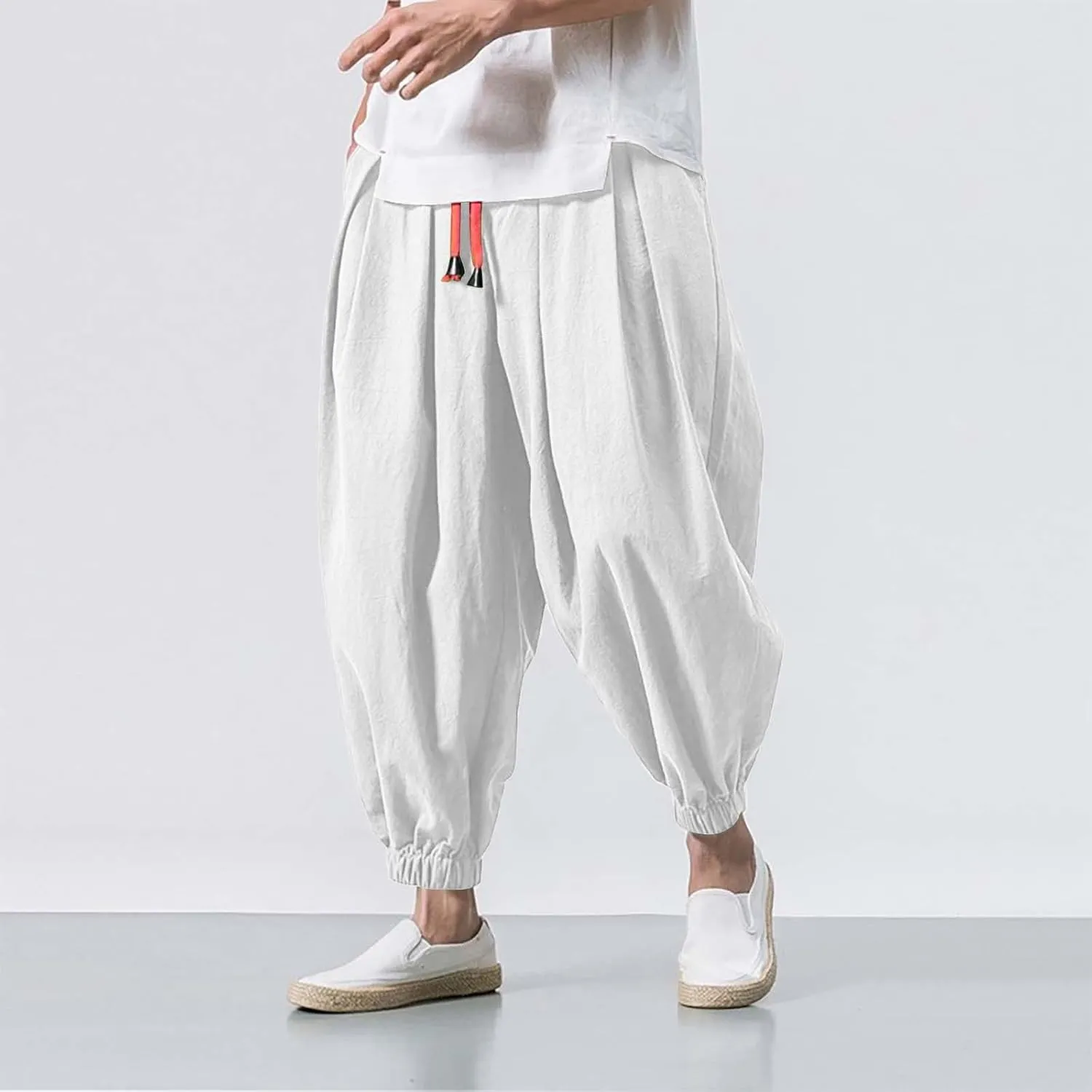 Mens Linen Harem Pants Elastic Waist Drawstring Casual Beach Yoga Crop Trousers Big and Tall Wide Leg Loose Sweatpant
