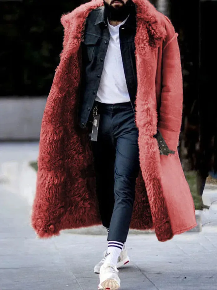 Men's Long Thickened Overcoat - Solid Color Frosted Velvet with Lapel and Cotton-Padded Lining for Autumn & Winter