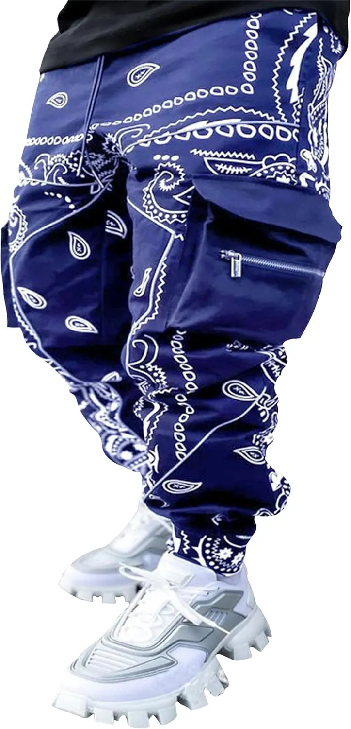 Men's Paisley Pants Cargo Jogger Hip Hop Workout Punk Pants Bandana Techwear Streetwear Sweatpants