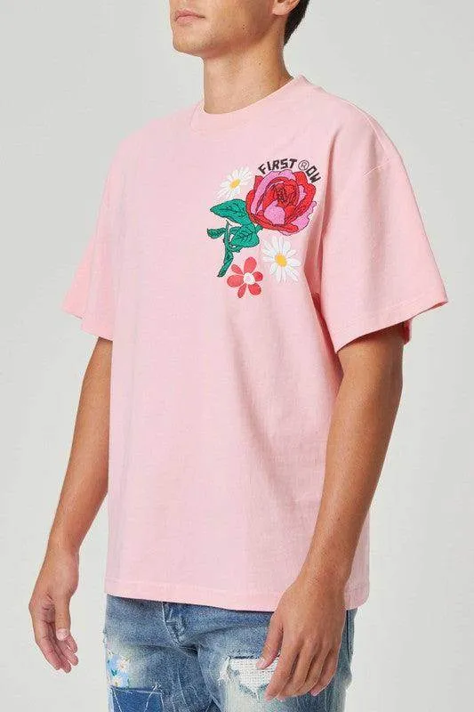 Mens Pink Flower Embo/Puff Tee Shirt
