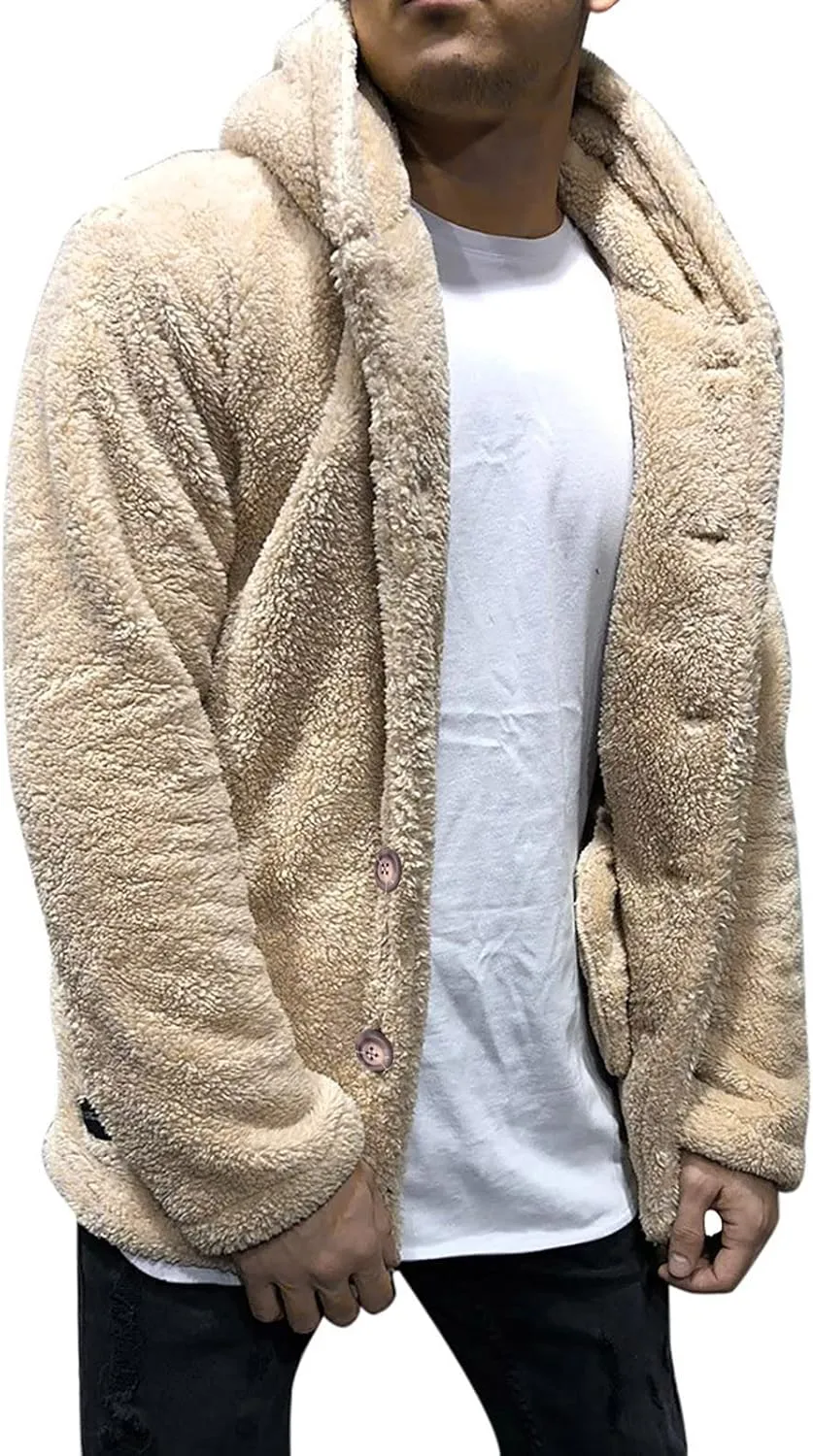 Men's Plush Warm Jacket Coat Button Fluffy Furry Soft Hooded Jacket Outerwear Casual Solid Color Long Sleeve Coat
