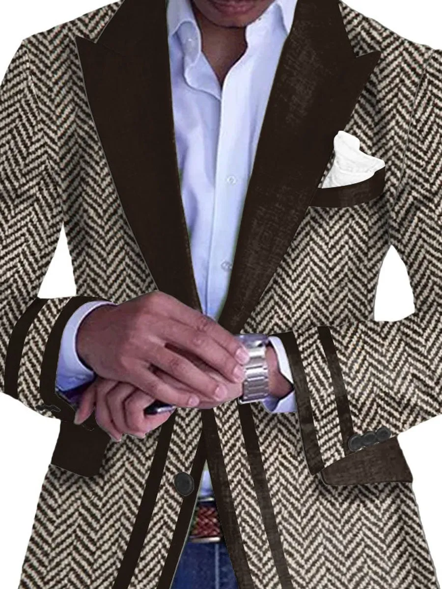 Men's Retro Herringbone Print Single Breasted Casual Blazer