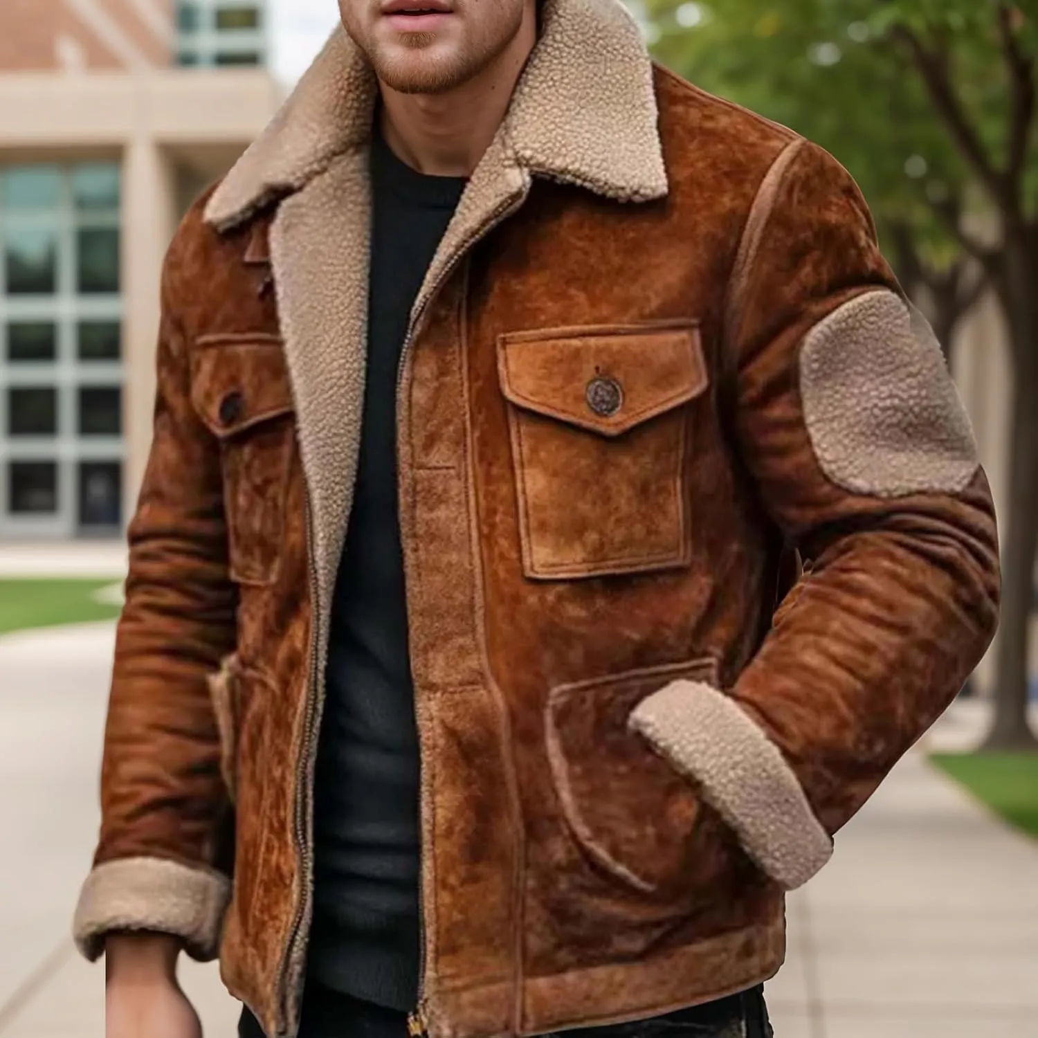 Mens Sherpa Lined Fleece Jackets Vintage Suede Aviator Bomber Jacket Reversed Collar Warm Winter Coat Retro Fashion Top