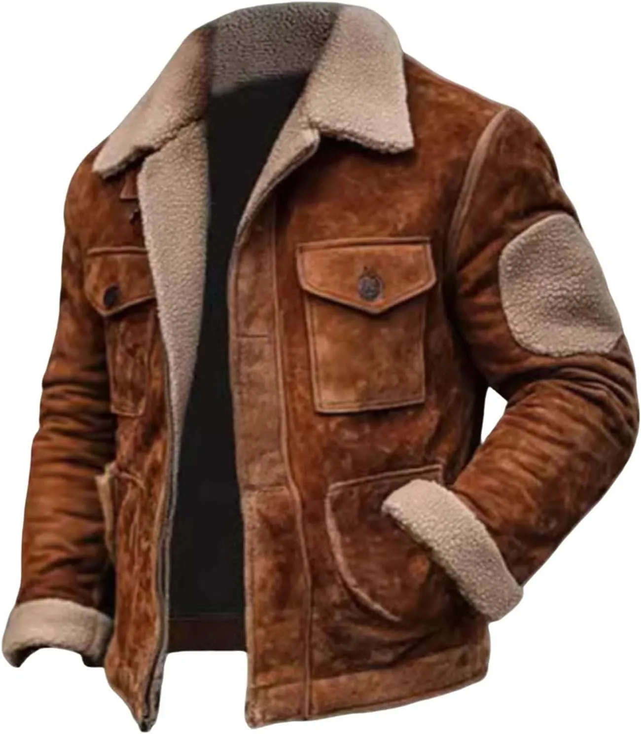 Mens Sherpa Lined Fleece Jackets Vintage Suede Aviator Bomber Jacket Reversed Collar Warm Winter Coat Retro Fashion Top