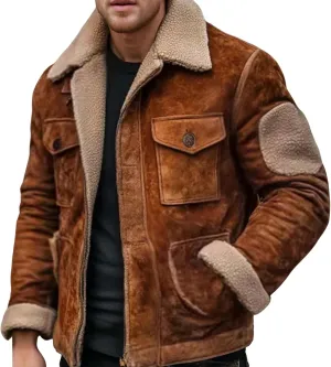 Mens Sherpa Lined Fleece Jackets Vintage Suede Aviator Bomber Jacket Reversed Collar Warm Winter Coat Retro Fashion Top