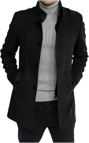 Mens Single Breasted Trench Coat Winter Wool Blend Pea Coat Warm Stand Collar Work Business Jacket Outerwear