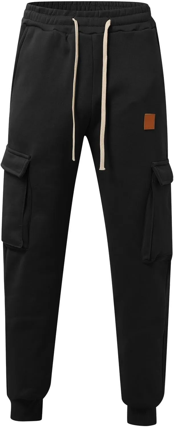 Men's Stretch Cargo Pants, Lightweight Comfy Cargo Pants, Fleece Fleece Sweatpants High Stretch Multi-Pocket Cargo Pants