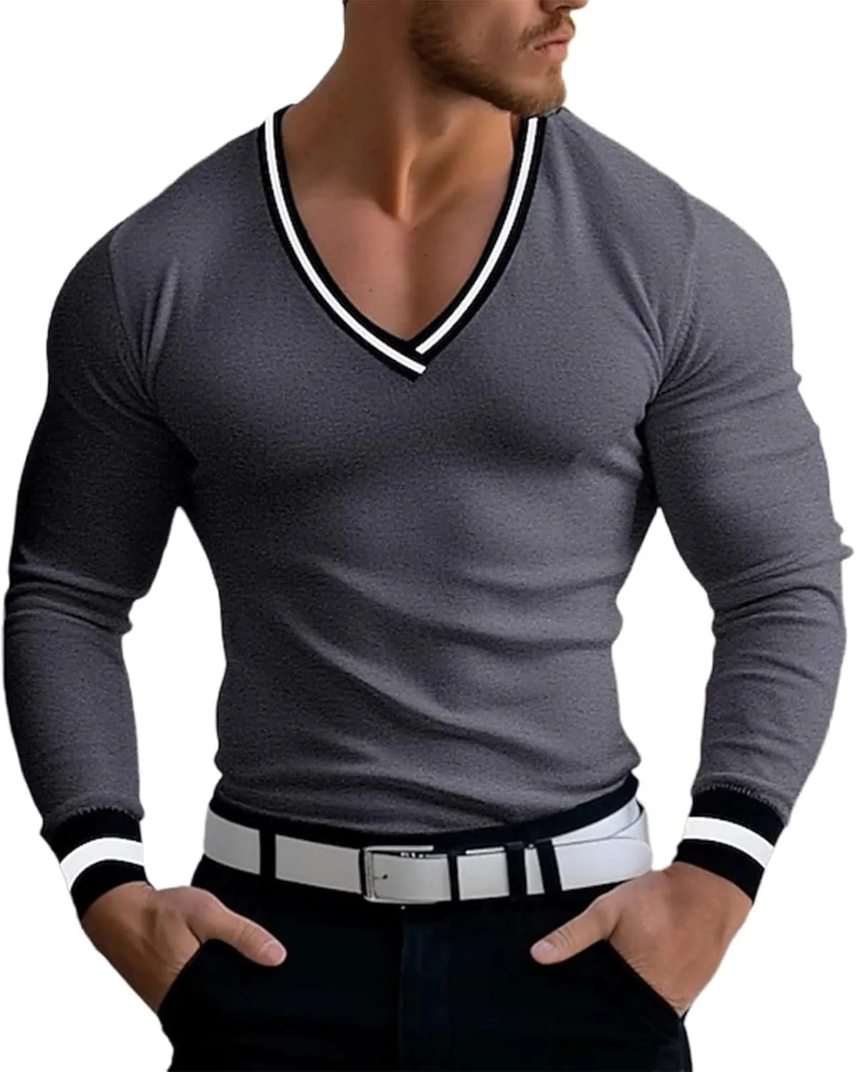 Mens V Neck Low Cut Stretch Muscle Basic Pullover Shirts Tops Slim Fit Thermal Long Sleeve Casual Grunge Sweater