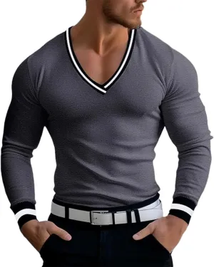 Mens V Neck Low Cut Stretch Muscle Basic Pullover Shirts Tops Slim Fit Thermal Long Sleeve Casual Grunge Sweater