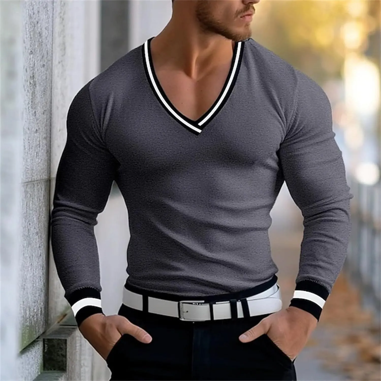 Mens V Neck Low Cut Stretch Muscle Basic Pullover Shirts Tops Slim Fit Thermal Long Sleeve Casual Grunge Sweater