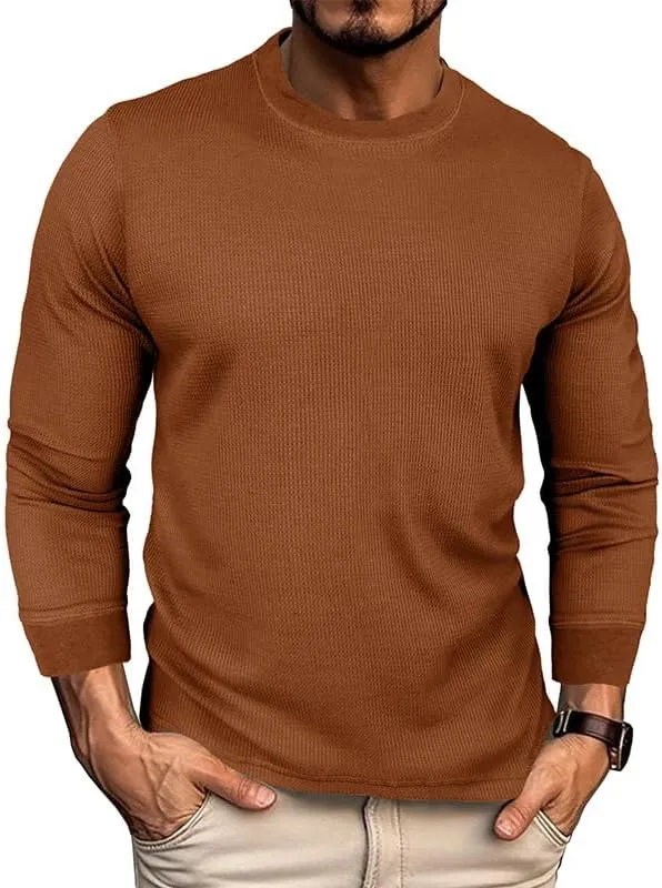 Mens Waffle T Shirt Long Sleeve Basic Shirts Casual Crew Neck Relaxed Fit T-Shirts Lightweight Comfy Tops Soft Tees