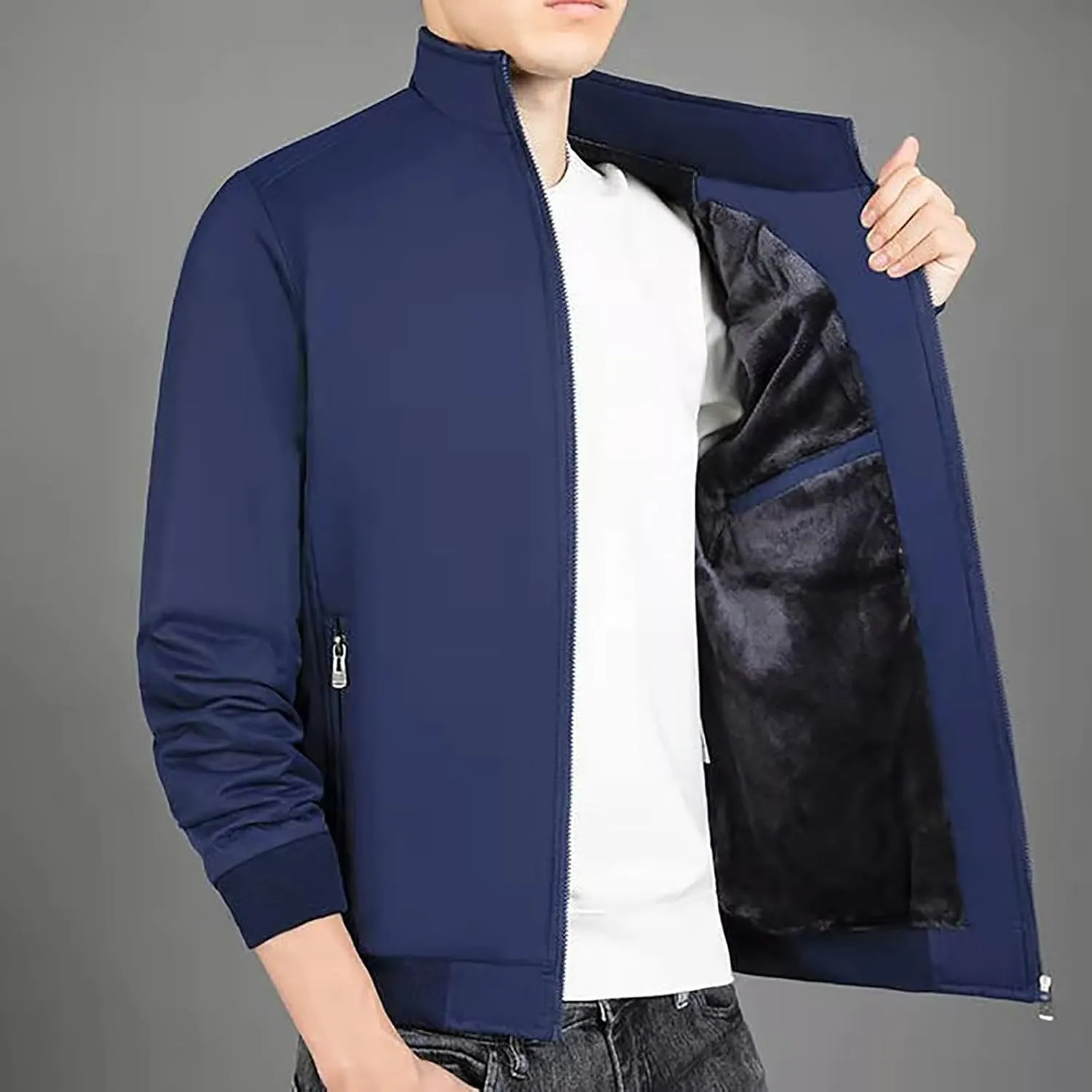 Mens Winter Golf Jackets Sherpa Lined Stand Collar Full Zip Warm Windbreaker Jackets Winter Softshell Bomber Jacket