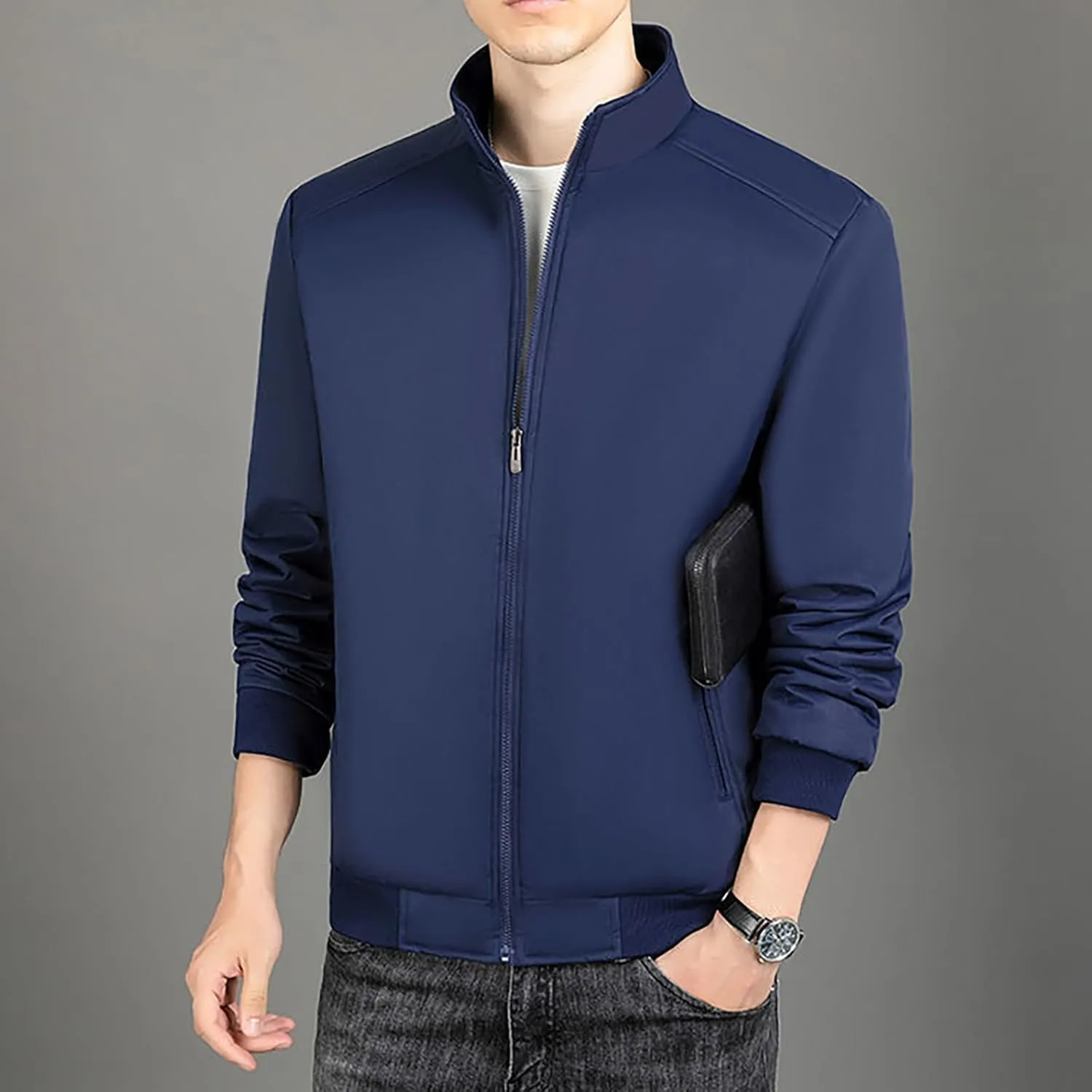Mens Winter Golf Jackets Sherpa Lined Stand Collar Full Zip Warm Windbreaker Jackets Winter Softshell Bomber Jacket