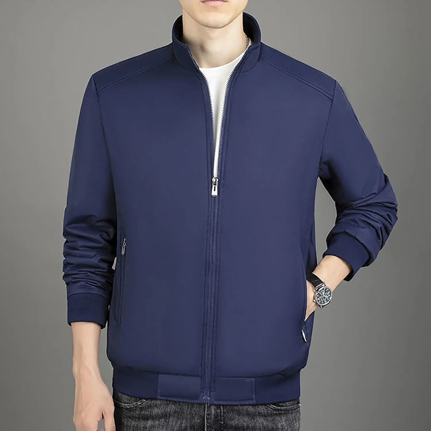 Mens Winter Golf Jackets Sherpa Lined Stand Collar Full Zip Warm Windbreaker Jackets Winter Softshell Bomber Jacket