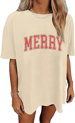 Merry Christmas Shirts Women Vintage Merry Letter Printed T-Shirt Xmas Gifts Christmas Holiday Oversized Tees Top