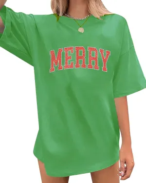 Merry Christmas Shirts Women Vintage Merry Letter Printed T-Shirt Xmas Gifts Christmas Holiday Oversized Tees Top
