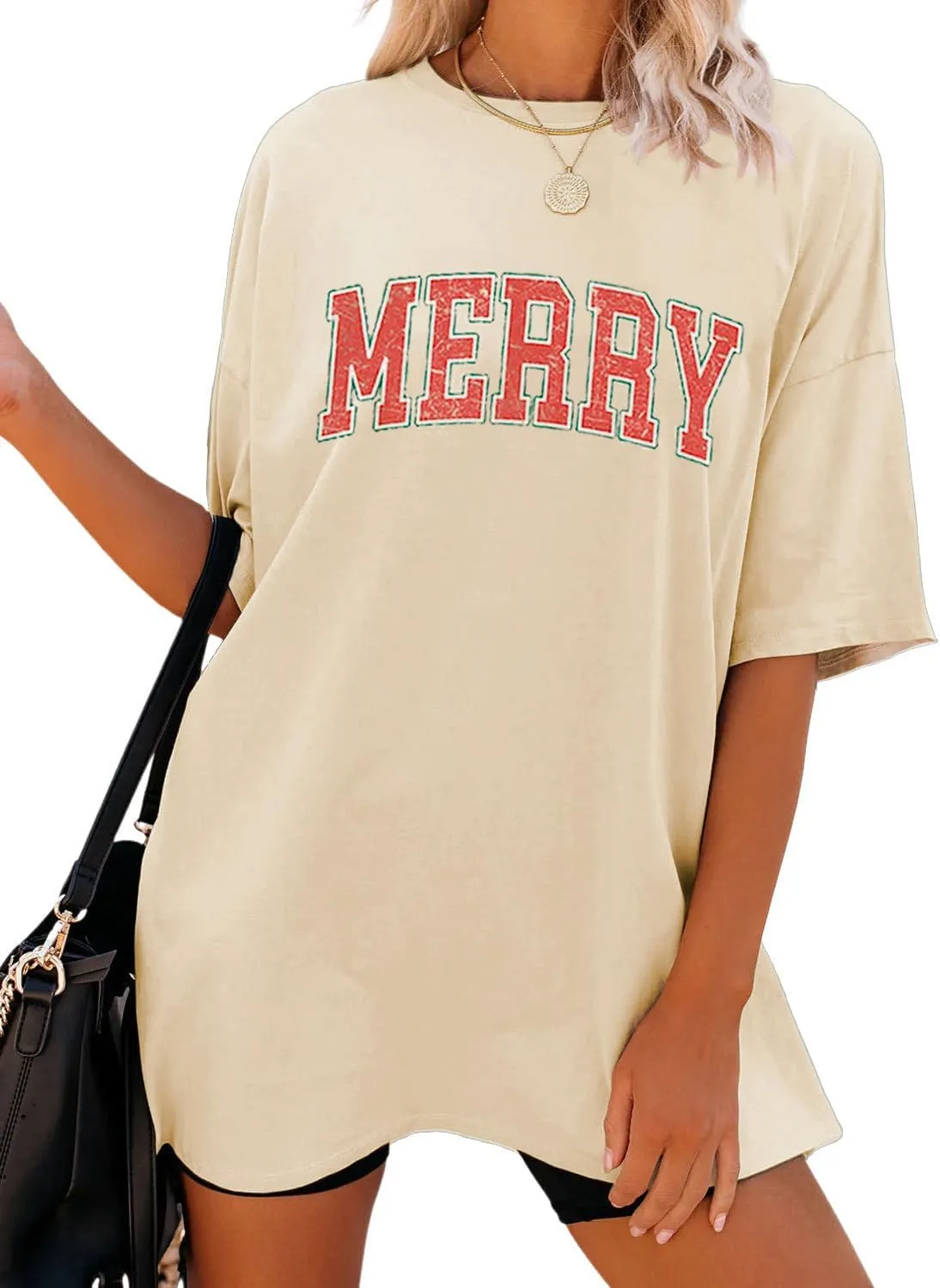 Merry Christmas Shirts Women Vintage Merry Letter Printed T-Shirt Xmas Gifts Christmas Holiday Oversized Tees Top