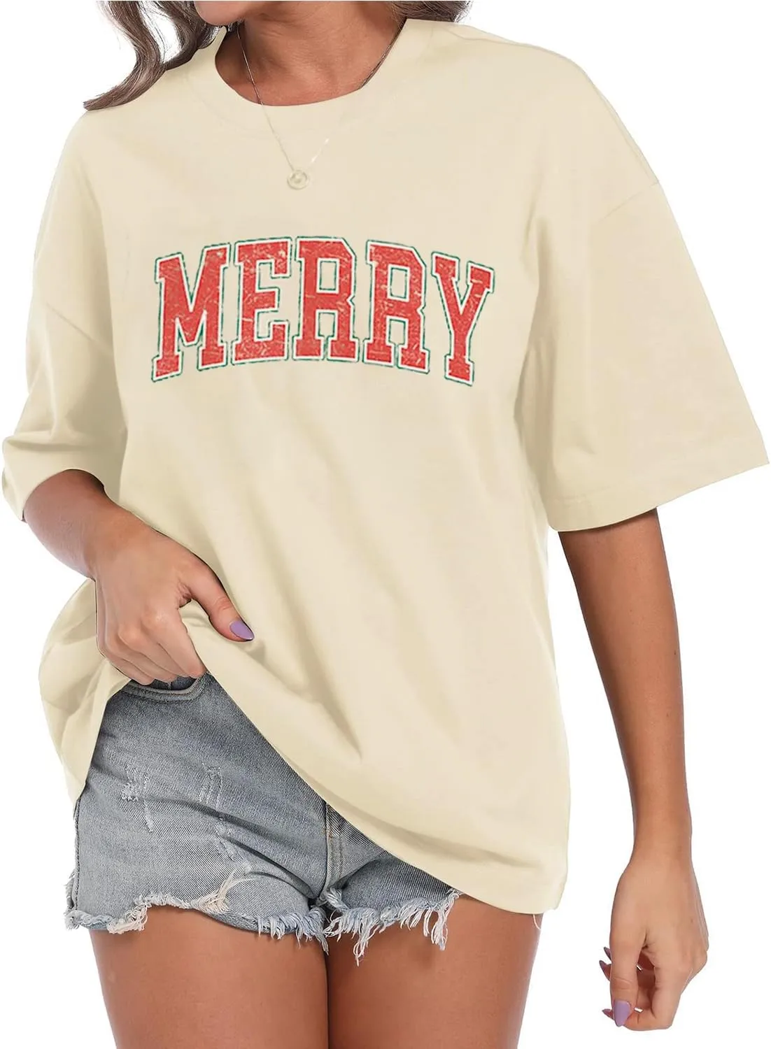 Merry Christmas Shirts Women Vintage Merry Letter Printed T-Shirt Xmas Gifts Christmas Holiday Oversized Tees Top