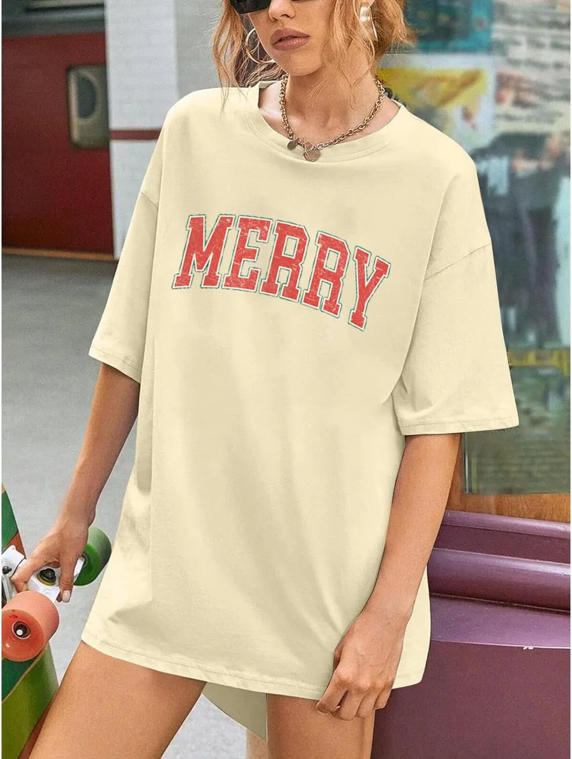 Merry Christmas Shirts Women Vintage Merry Letter Printed T-Shirt Xmas Gifts Christmas Holiday Oversized Tees Top