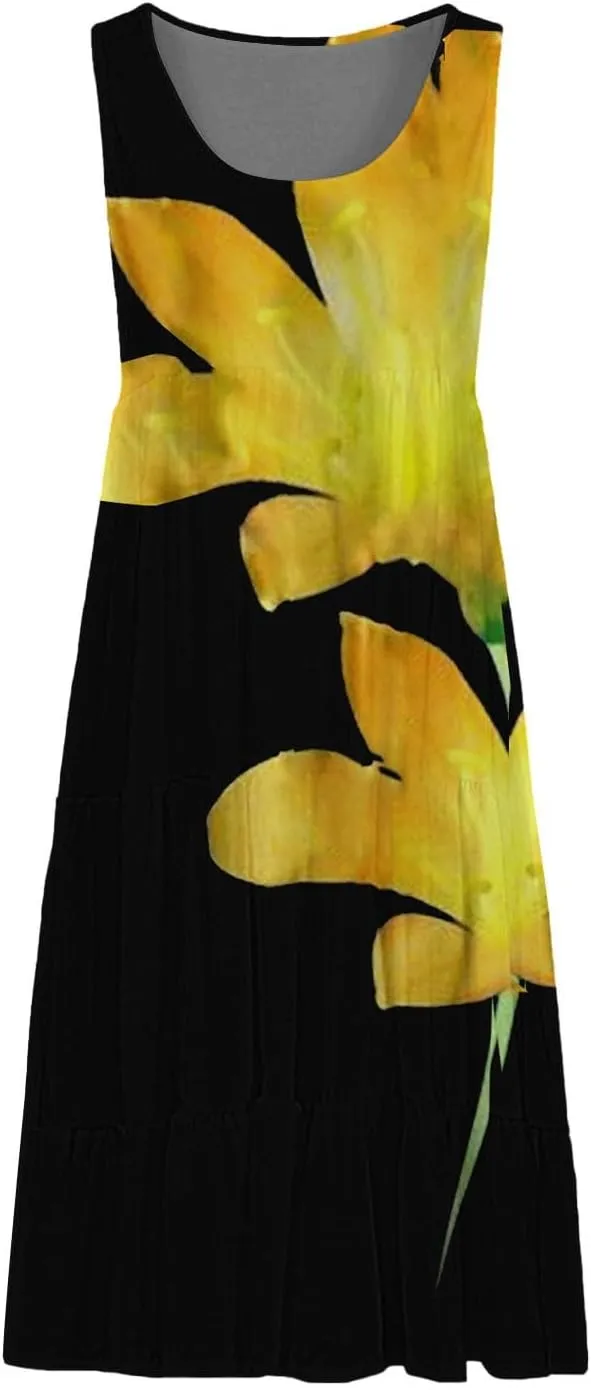 Midi Dresses for Women Casual Spring Summer Flowy Beach Dress Sleeveless Crewneck Cute Tank Sundresses Boho Dresses