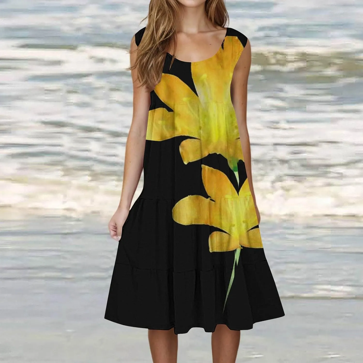 Midi Dresses for Women Casual Spring Summer Flowy Beach Dress Sleeveless Crewneck Cute Tank Sundresses Boho Dresses
