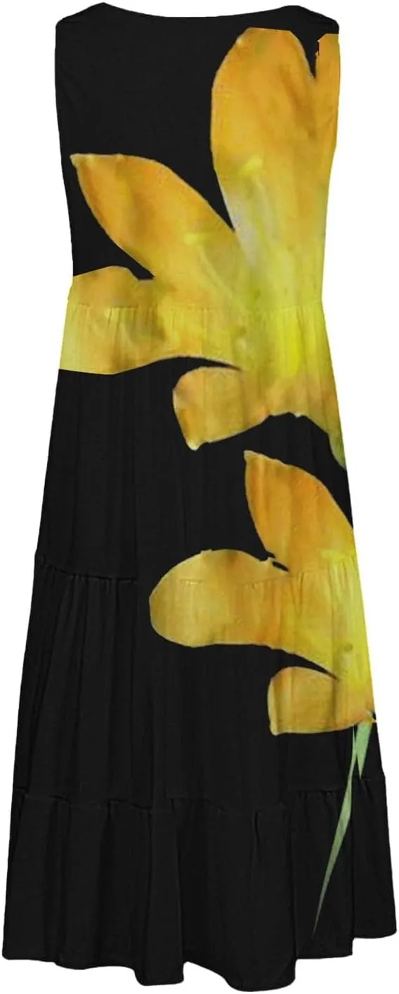 Midi Dresses for Women Casual Spring Summer Flowy Beach Dress Sleeveless Crewneck Cute Tank Sundresses Boho Dresses