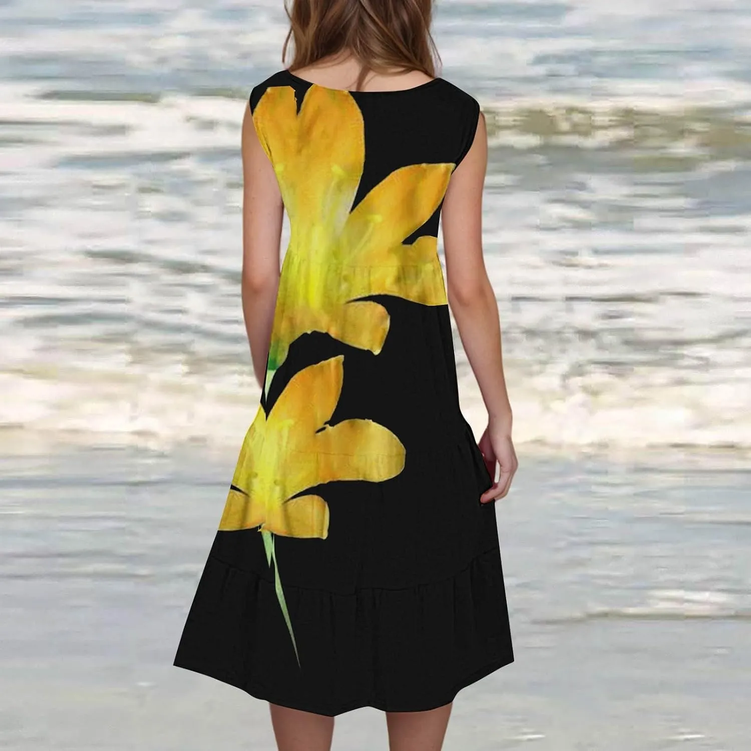 Midi Dresses for Women Casual Spring Summer Flowy Beach Dress Sleeveless Crewneck Cute Tank Sundresses Boho Dresses