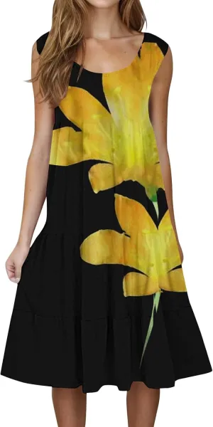 Midi Dresses for Women Casual Spring Summer Flowy Beach Dress Sleeveless Crewneck Cute Tank Sundresses Boho Dresses