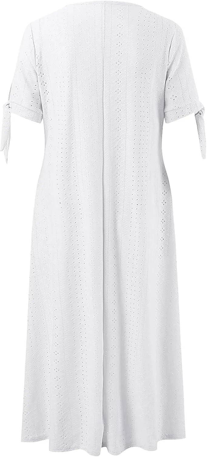 Midi Dresses for Women,Casual Short Sleeve Crewneck Shirt Dress Aline Swing Flowy Tiered Maxi Beach Long Dresses