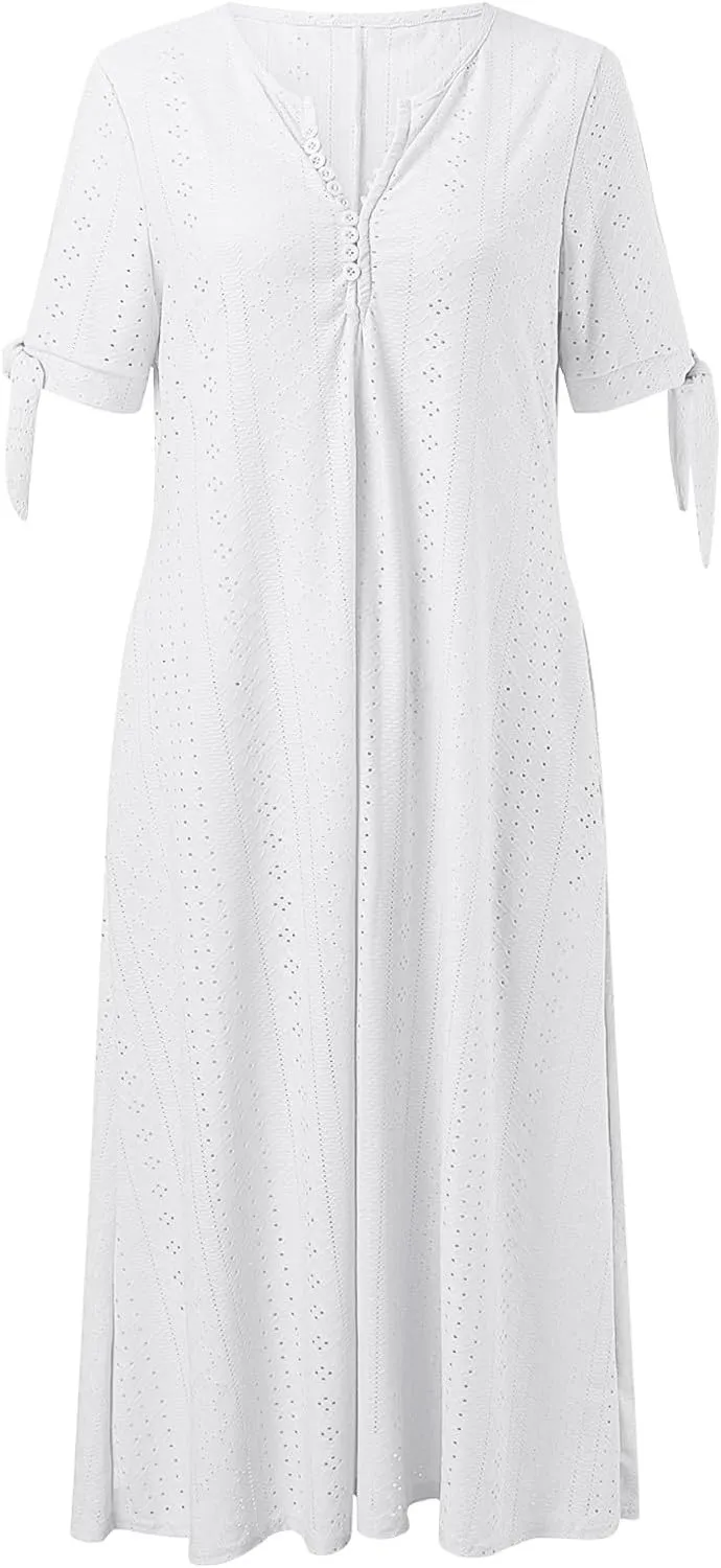Midi Dresses for Women,Casual Short Sleeve Crewneck Shirt Dress Aline Swing Flowy Tiered Maxi Beach Long Dresses