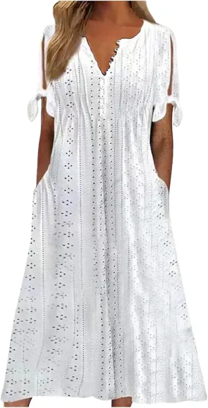 Midi Dresses for Women,Casual Short Sleeve Crewneck Shirt Dress Aline Swing Flowy Tiered Maxi Beach Long Dresses