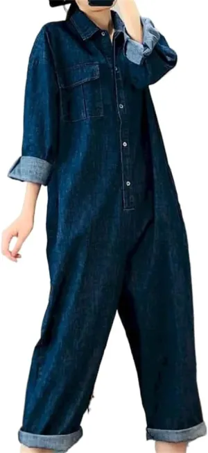 Oversized Denim Jumpsuit Suit Women Blue Long Sleeve Playsuits Waist Tops Casual One Outfit