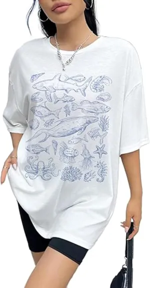 Oversized Graphic Shirt for Teens Girl Y2K Ocean Floral Short Sleeve Baggy Tee Shirts Vintage Aesthetic Coastal Tops