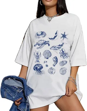 Oversized Graphic Shirt for Teens Girl Y2K Ocean Floral Short Sleeve Baggy Tee Shirts Vintage Aesthetic Coastal Tops