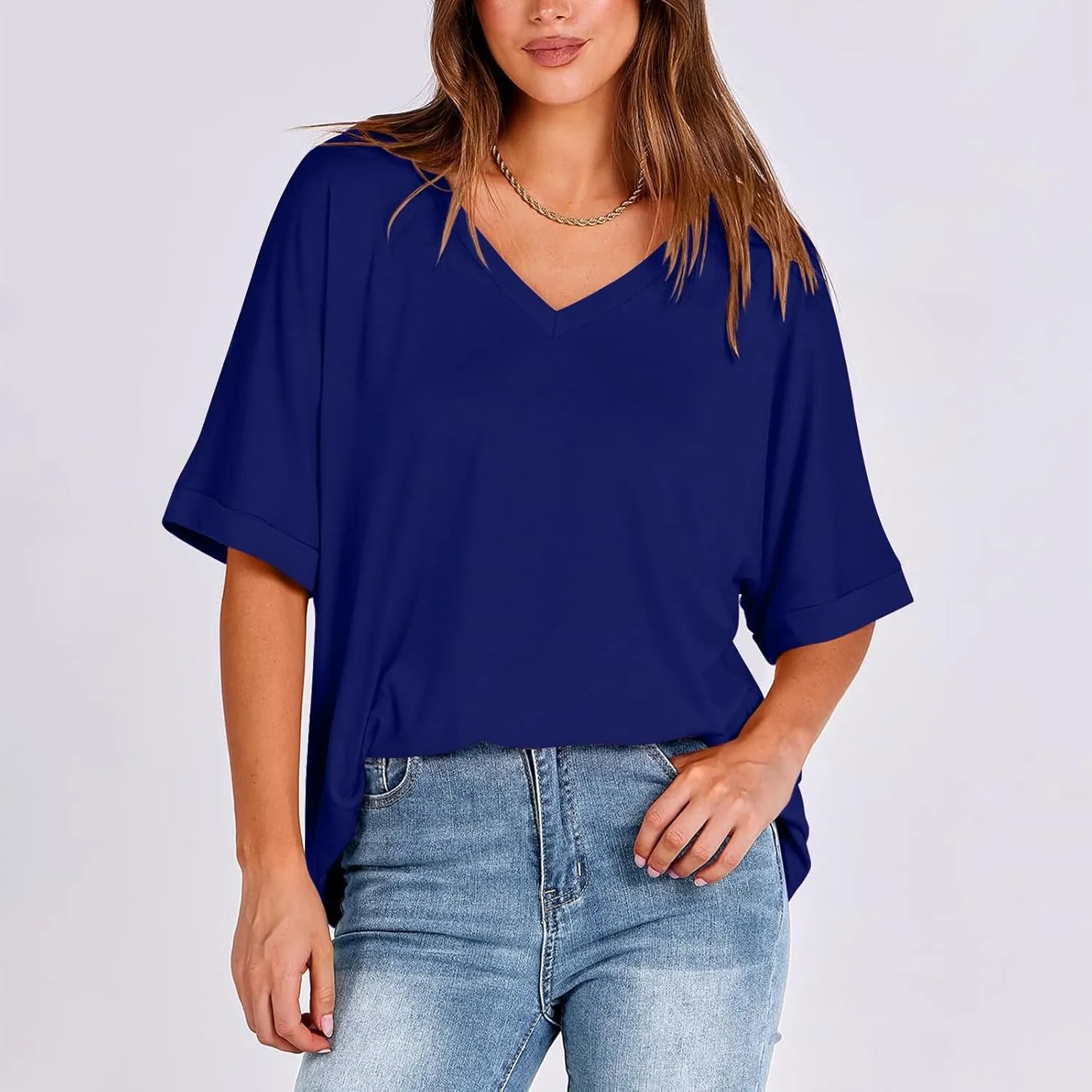 Oversized Shirts for Women V Neck Rolled Short Sleeve Shirts Loose Fit Summer Tops Casual Workout Shirts Tunic Tops