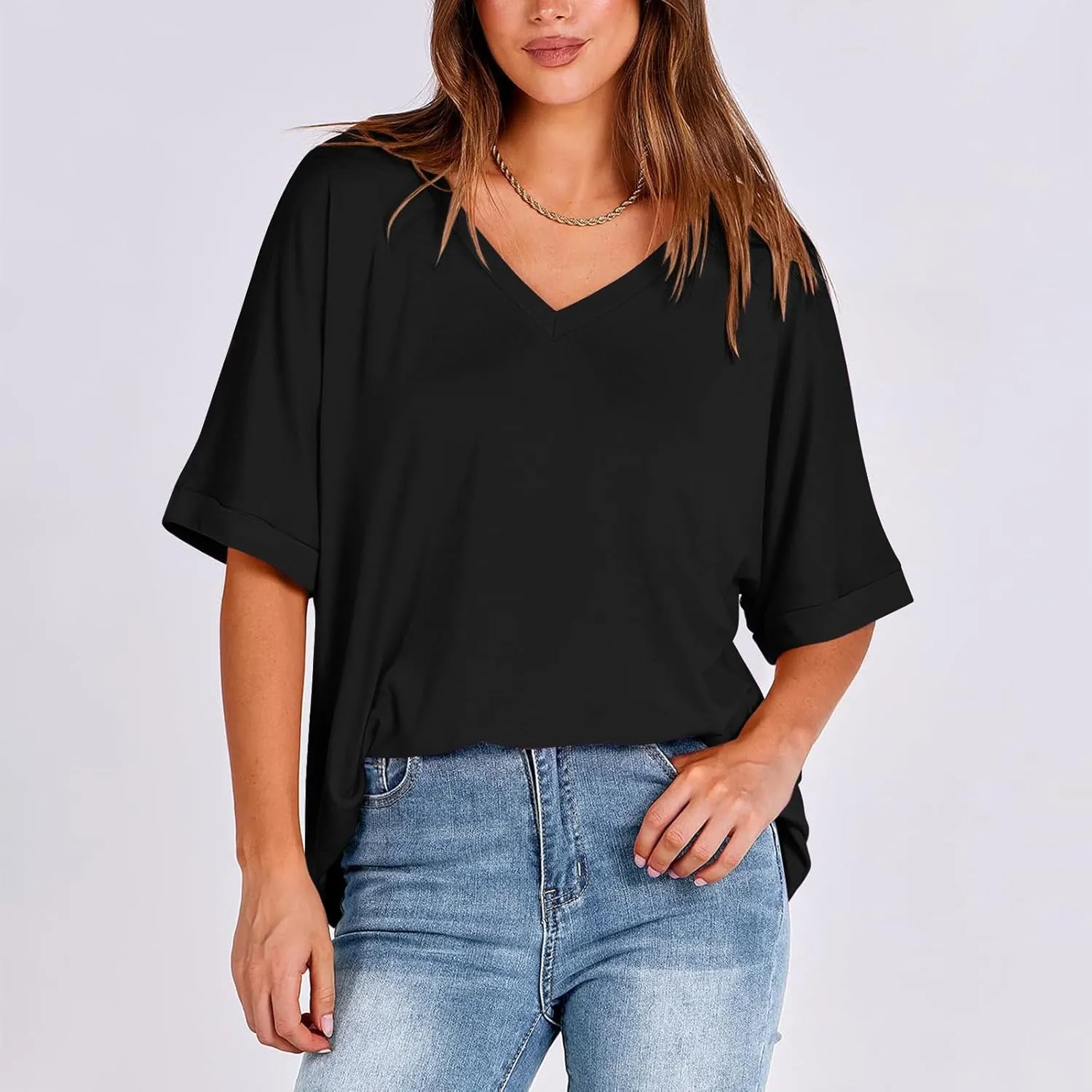 Oversized Shirts for Women V Neck Rolled Short Sleeve Shirts Loose Fit Summer Tops Casual Workout Shirts Tunic Tops