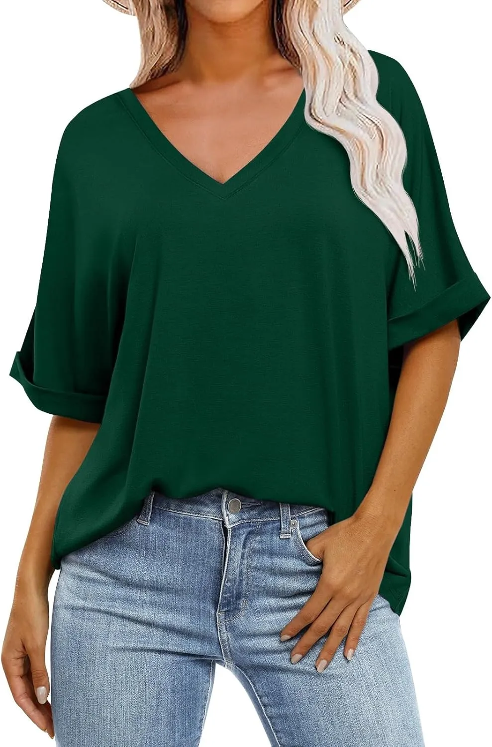 Oversized Shirts for Women V Neck Rolled Short Sleeve Shirts Loose Fit Summer Tops Casual Workout Shirts Tunic Tops