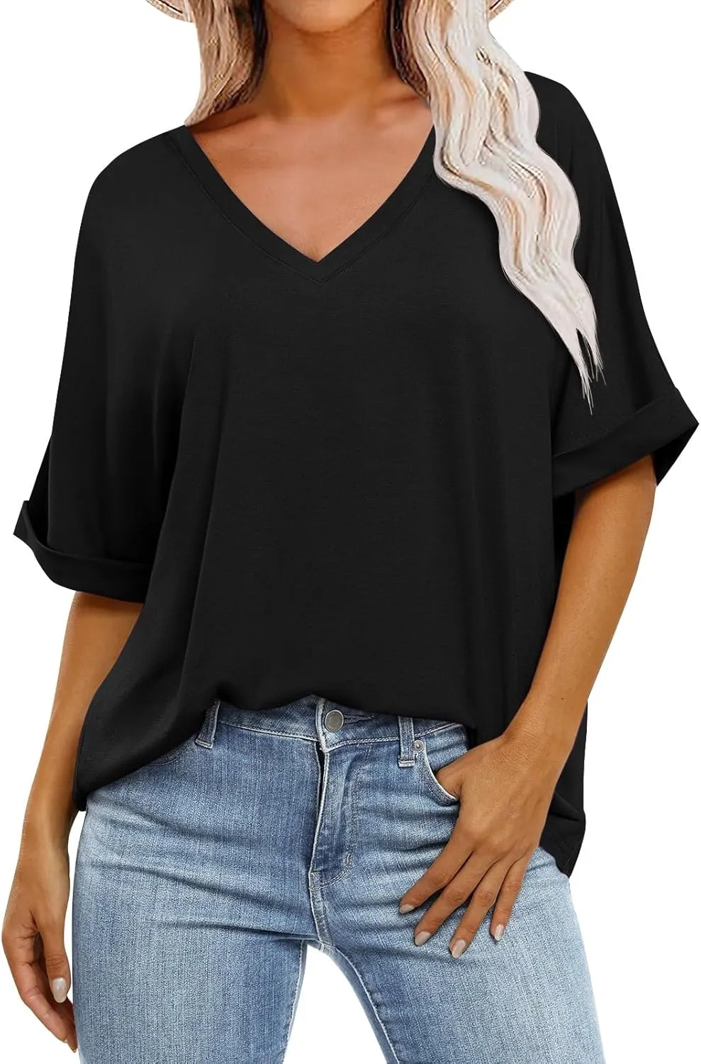 Oversized Shirts for Women V Neck Rolled Short Sleeve Shirts Loose Fit Summer Tops Casual Workout Shirts Tunic Tops