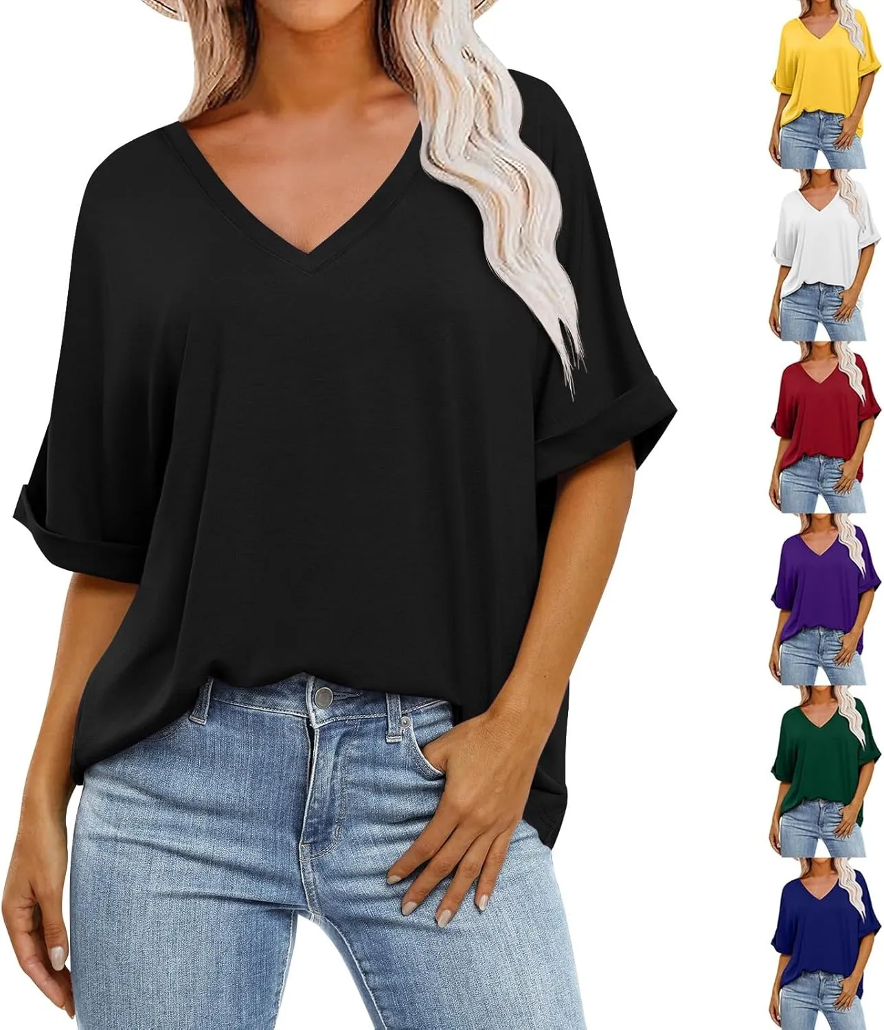 Oversized Shirts for Women V Neck Rolled Short Sleeve Shirts Loose Fit Summer Tops Casual Workout Shirts Tunic Tops