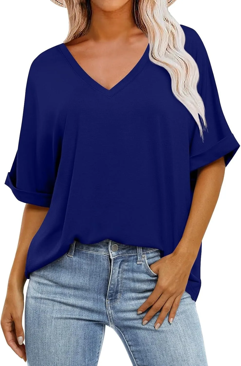 Oversized Shirts for Women V Neck Rolled Short Sleeve Shirts Loose Fit Summer Tops Casual Workout Shirts Tunic Tops