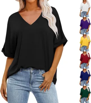 Oversized Shirts for Women V Neck Rolled Short Sleeve Shirts Loose Fit Summer Tops Casual Workout Shirts Tunic Tops