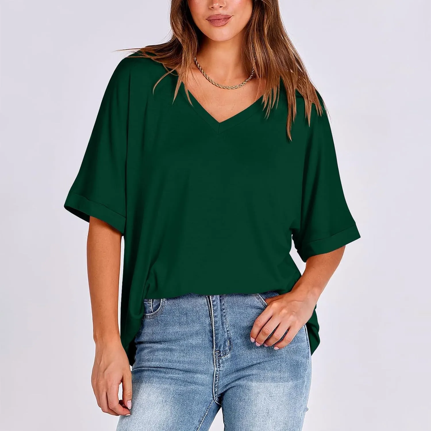 Oversized Shirts for Women V Neck Rolled Short Sleeve Shirts Loose Fit Summer Tops Casual Workout Shirts Tunic Tops