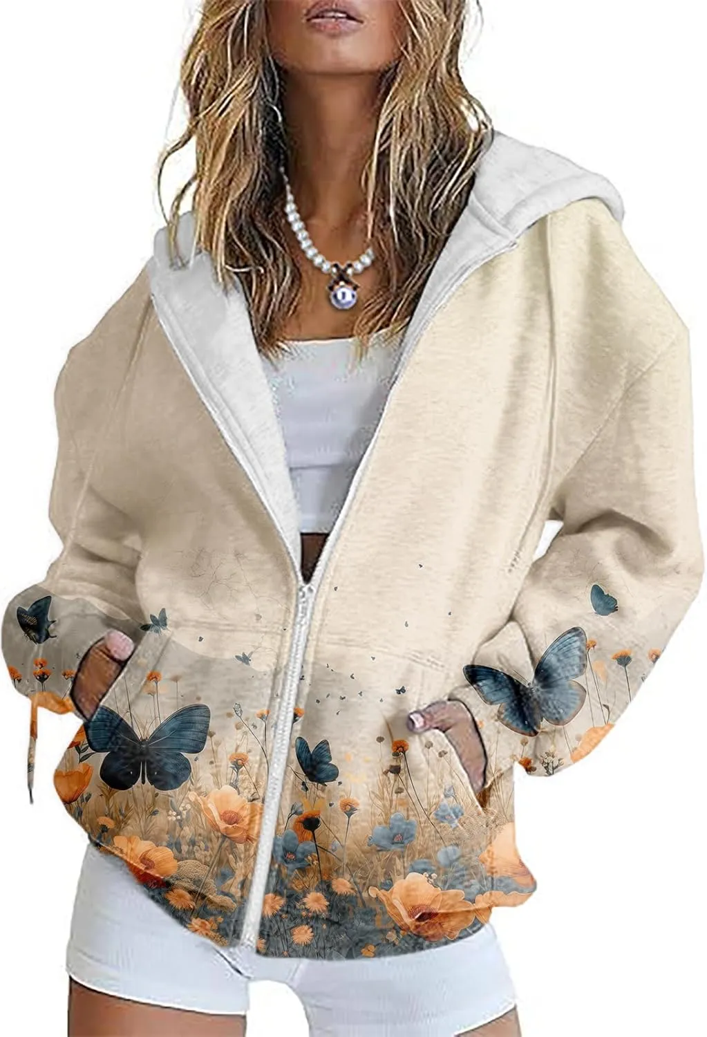 Oversized Sweatshirt Women Butterfly Graphic Hoodies Y2K Full Zip Up Long Sleeve Fall Sweatshirts Drawstring Jackets