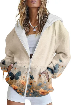 Oversized Sweatshirt Women Butterfly Graphic Hoodies Y2K Full Zip Up Long Sleeve Fall Sweatshirts Drawstring Jackets