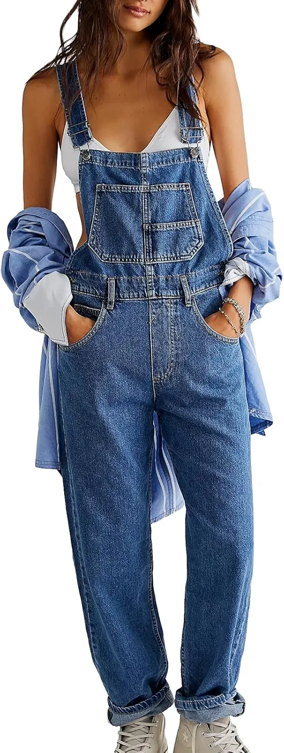 Owl's-Yard Women Denim Long Jumpsuit Casual Bib Wide Leg Adjustable Strap Romper Pants 90s Retro Revolt Dungaree Overalls
