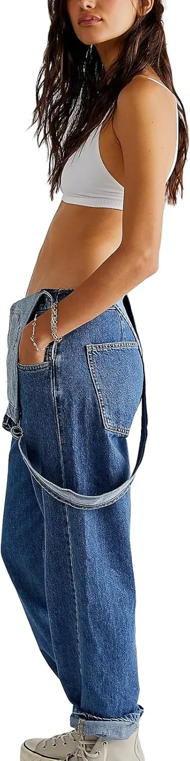 Owl's-Yard Women Denim Long Jumpsuit Casual Bib Wide Leg Adjustable Strap Romper Pants 90s Retro Revolt Dungaree Overalls