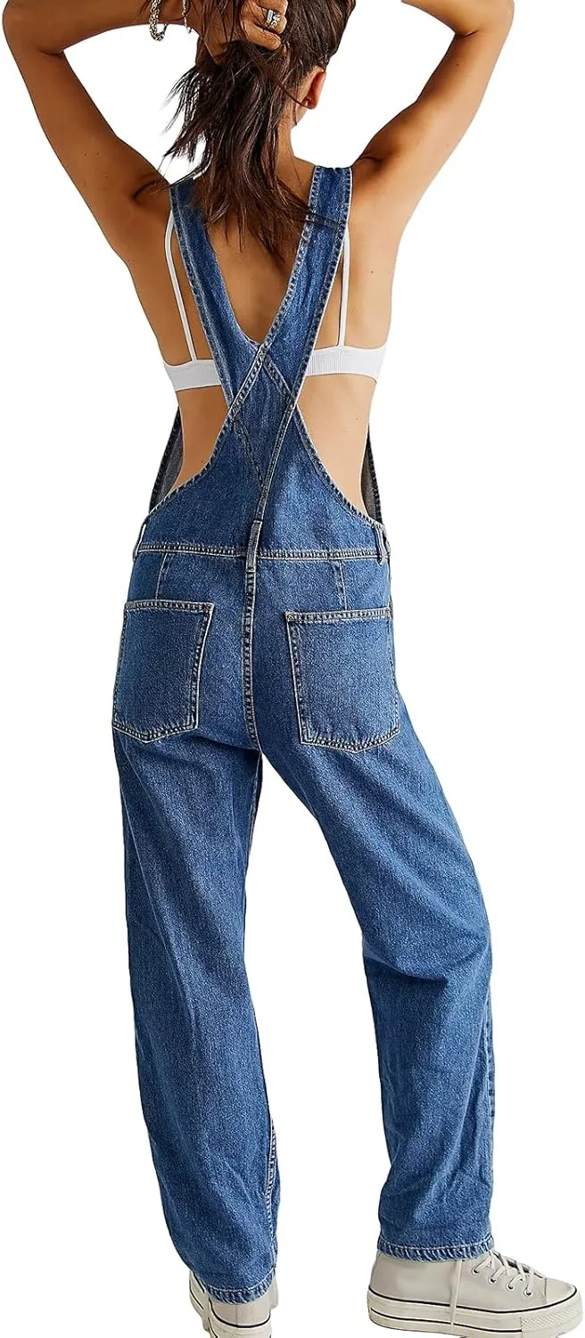 Owl's-Yard Women Denim Long Jumpsuit Casual Bib Wide Leg Adjustable Strap Romper Pants 90s Retro Revolt Dungaree Overalls