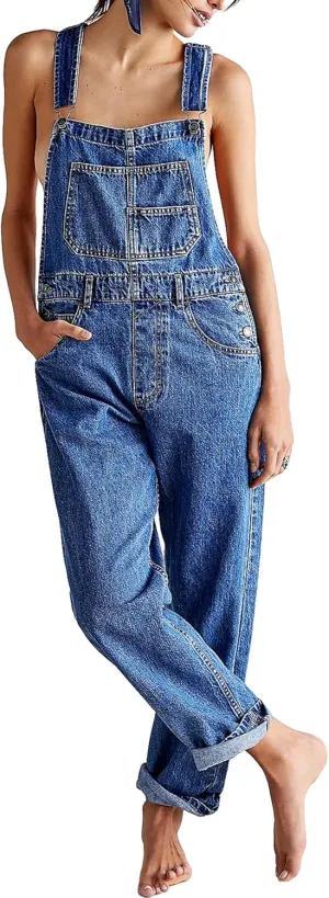 Owl's-Yard Women Denim Long Jumpsuit Casual Bib Wide Leg Adjustable Strap Romper Pants 90s Retro Revolt Dungaree Overalls
