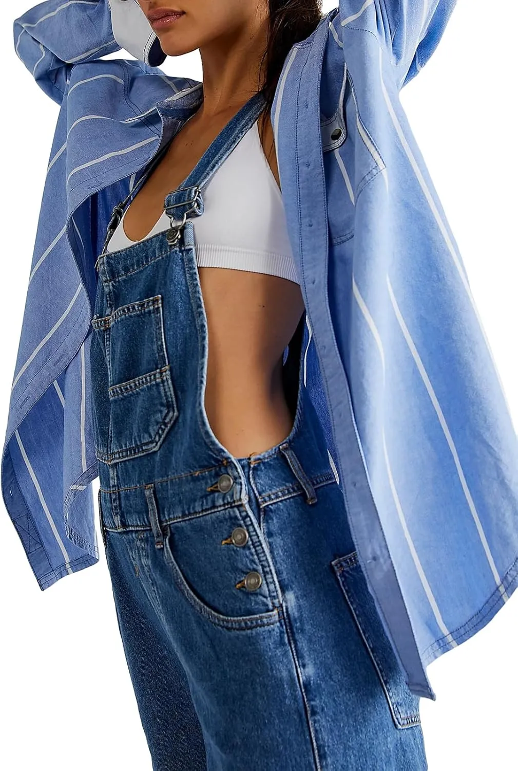 Owl's-Yard Women Denim Long Jumpsuit Casual Bib Wide Leg Adjustable Strap Romper Pants 90s Retro Revolt Dungaree Overalls
