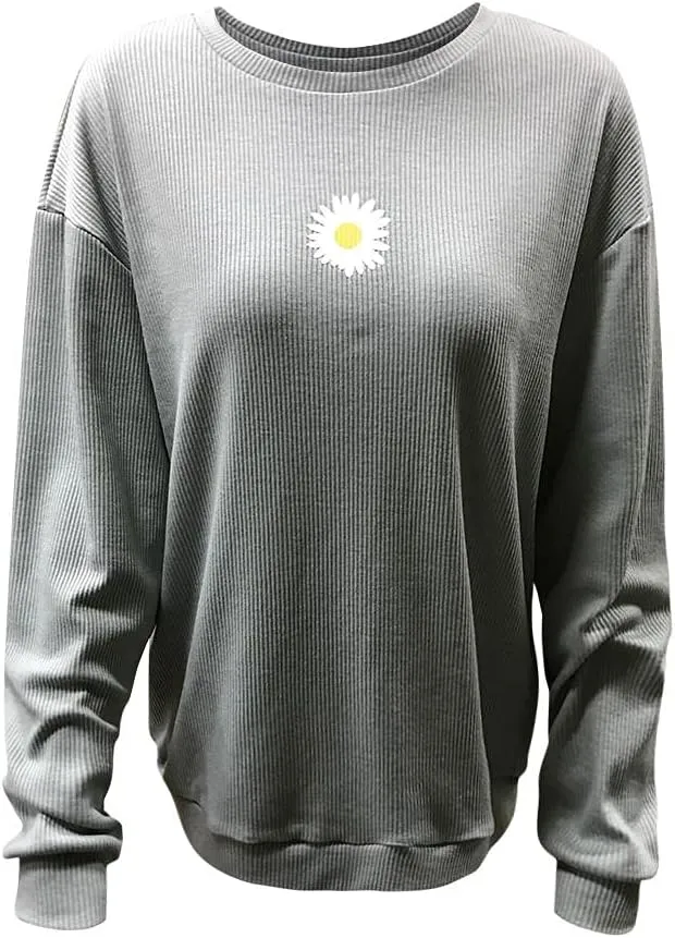 PGOJUNI Crewneck Sweatshirts for Teen Girls, Womens Sweatshirt Loose Waffle Daisy Graphic Casual Long Sleeve Basic Blouse